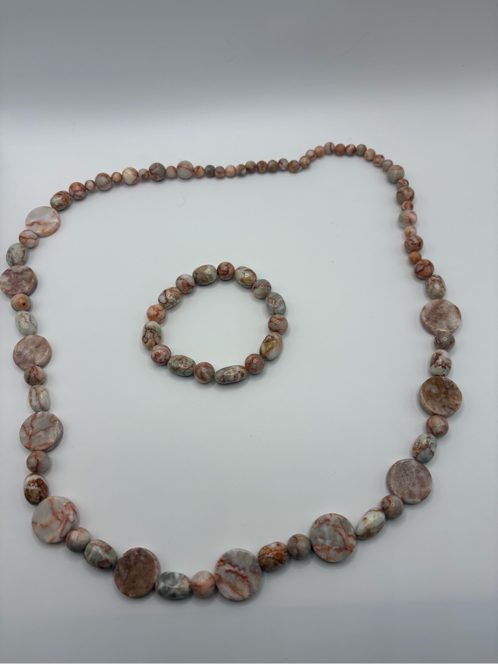 Natural Stone Beaded Necklace Bracelet Set 28” Long Pink Cream Brown Statement